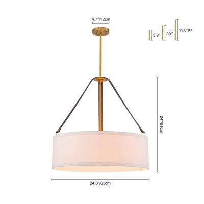 Modern 4-Light White Linen Drum Pendant, Brushed Brass Finish, Adjustable Chandelier