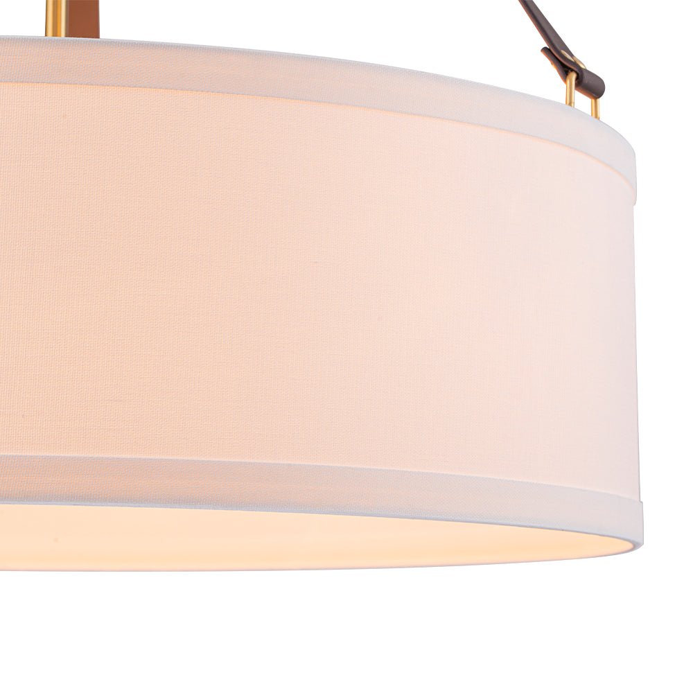 Modern 4-Light White Linen Drum Pendant, Brushed Brass Finish, Adjustable Chandelier