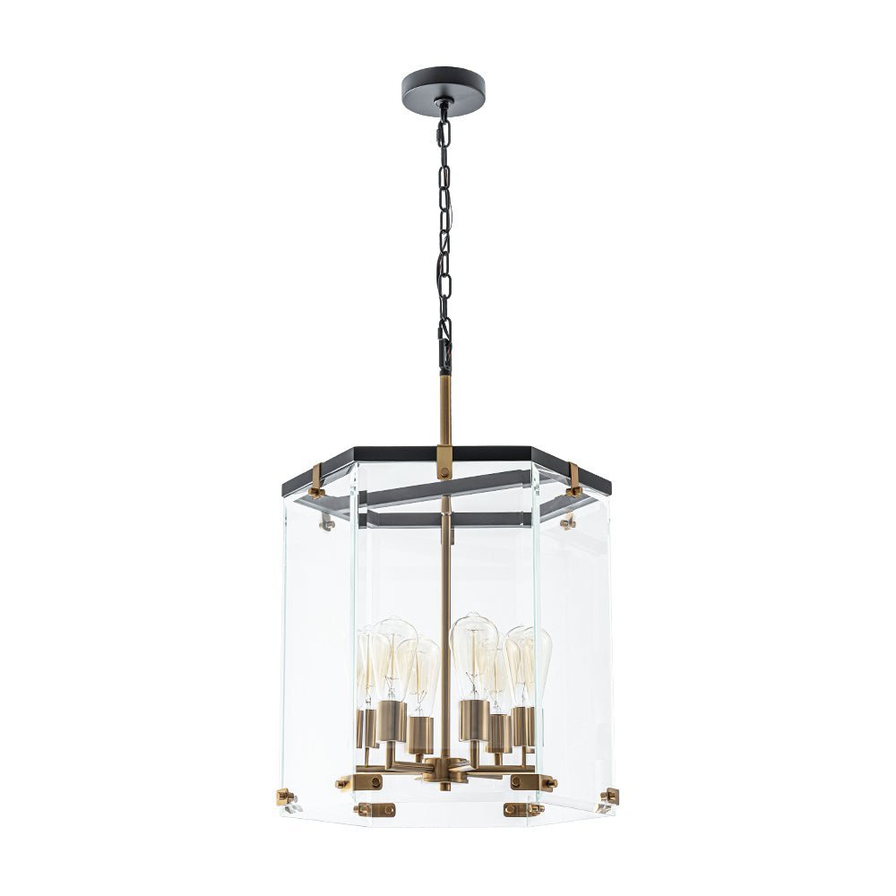 Modern Hexagon 6-Light Clear Glass Chandelier, Dimmable Brass & Black Pendant