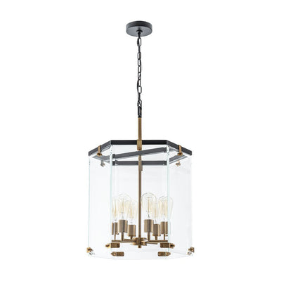 Modern Hexagon 6-Light Clear Glass Chandelier, Dimmable Brass & Black Pendant