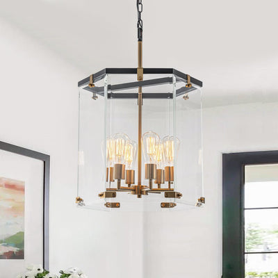 Modern Hexagon 6-Light Clear Glass Chandelier, Dimmable Brass & Black Pendant