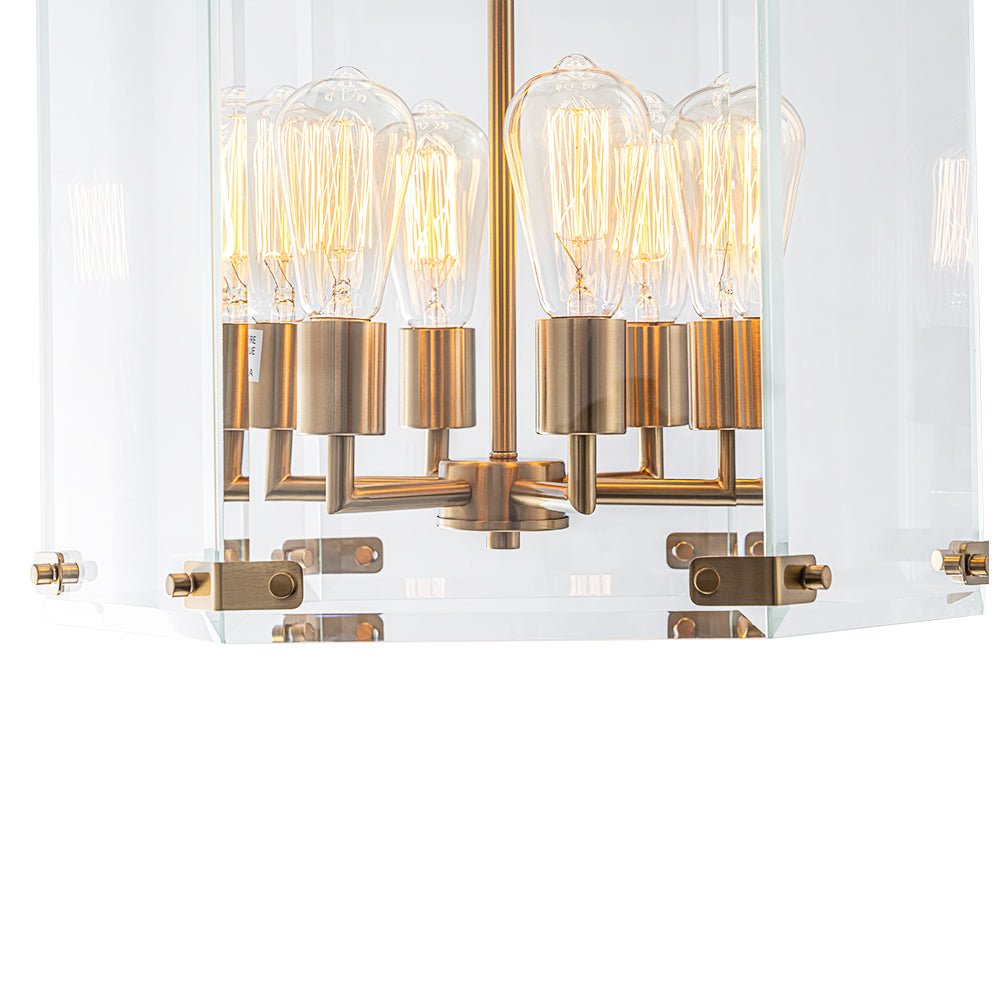 Modern 6-Light Hexagon Clear Glass Pendant Chandelier with Brass and Black Finish