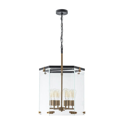 Modern Hexagon 6-Light Clear Glass Chandelier, Dimmable Brass & Black Pendant