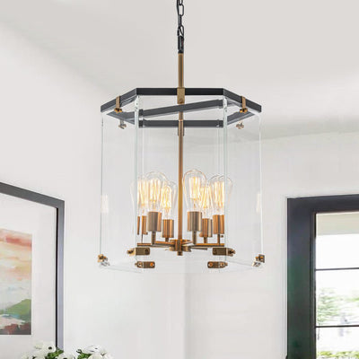 Modern 6-Light Hexagon Clear Glass Pendant Chandelier with Brass and Black Finish