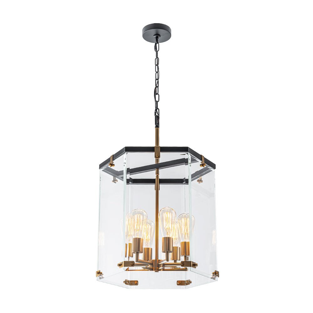 Modern 6-Light Hexagon Clear Glass Pendant Chandelier with Brass and Black Finish