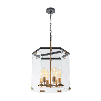 Modern 6-Light Hexagon Clear Glass Pendant Chandelier with Brass and Black Finish