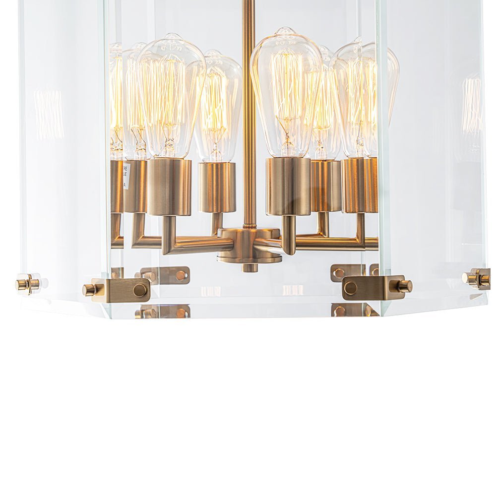 Modern Hexagon 6-Light Clear Glass Chandelier, Dimmable Brass & Black Pendant