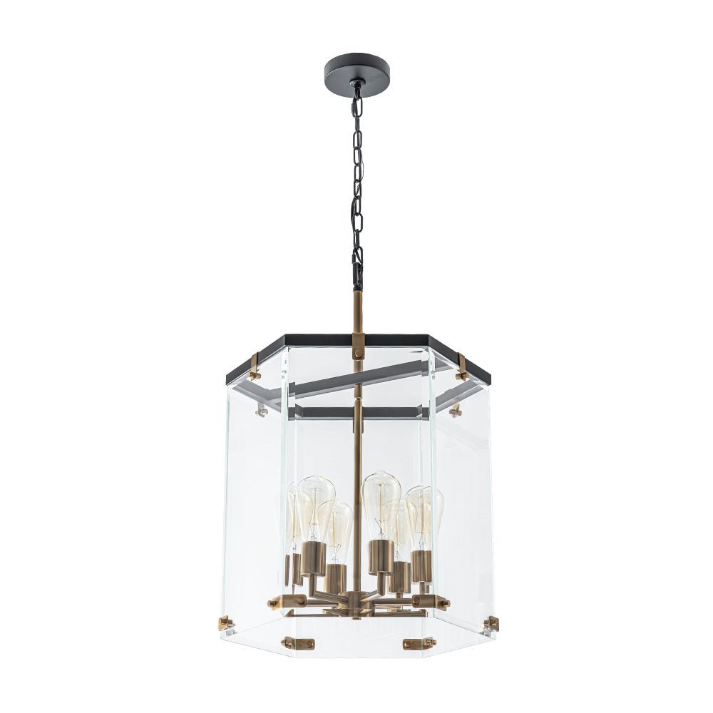 Modern Hexagon 6-Light Clear Glass Chandelier, Dimmable Brass & Black Pendant