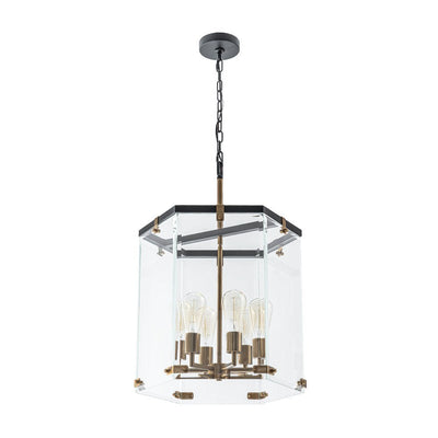 Modern Hexagon 6-Light Clear Glass Chandelier, Dimmable Brass & Black Pendant