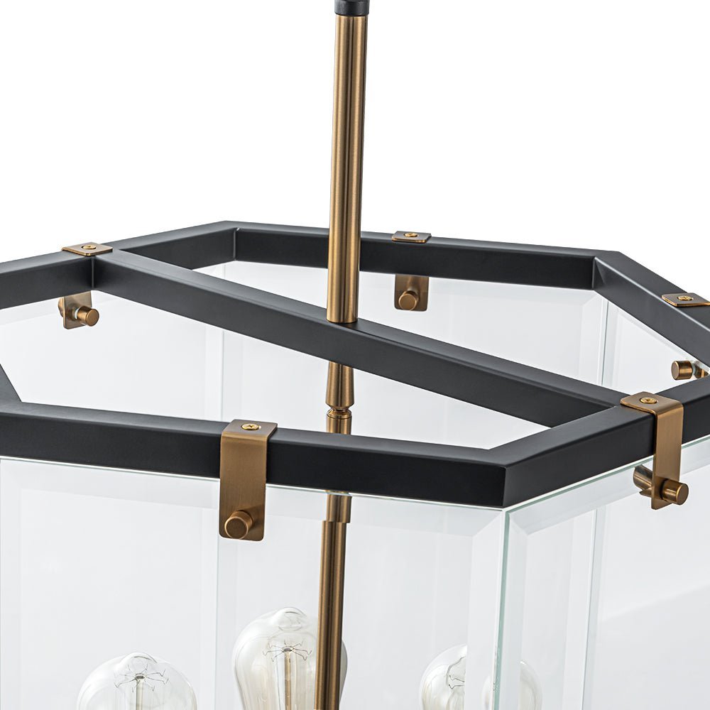 Modern Hexagon 6-Light Clear Glass Chandelier, Dimmable Brass & Black Pendant