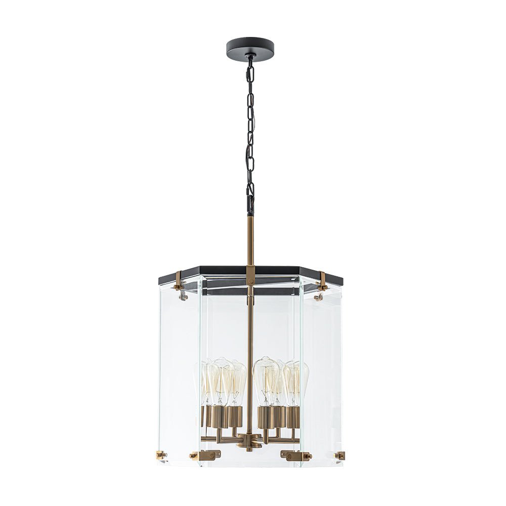 Modern 6-Light Hexagon Clear Glass Pendant Chandelier with Brass and Black Finish
