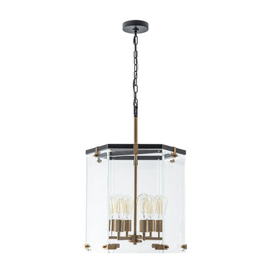 Modern 6-Light Hexagon Clear Glass Pendant Chandelier with Brass and Black Finish