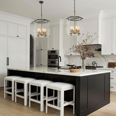 Modern Hexagon 6-Light Clear Glass Chandelier, Dimmable Brass & Black Pendant