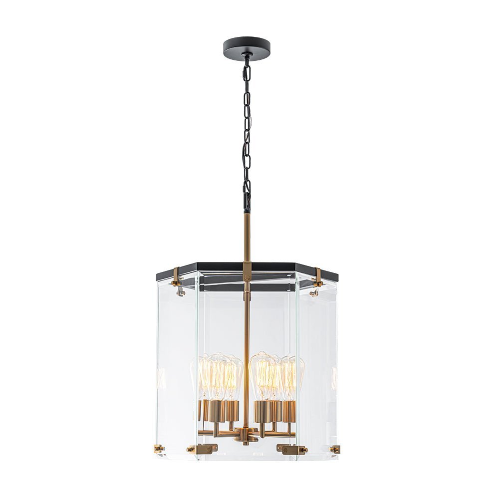 Modern Hexagon 6-Light Clear Glass Chandelier, Dimmable Brass & Black Pendant
