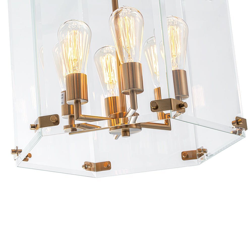Modern Hexagon 6-Light Clear Glass Chandelier, Dimmable Brass & Black Pendant