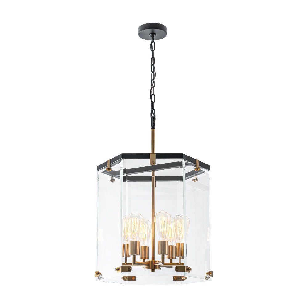 Modern Hexagon 6-Light Clear Glass Chandelier, Dimmable Brass & Black Pendant