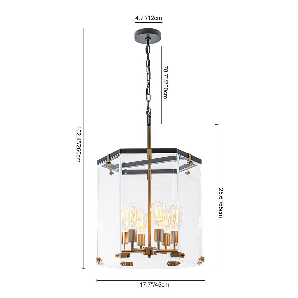 Modern 6-Light Hexagon Clear Glass Pendant Chandelier with Brass and Black Finish