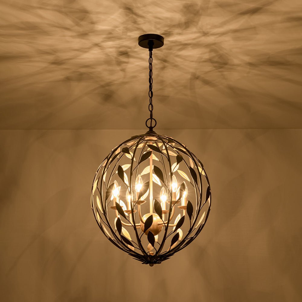 Modern 6-Light Metal Leaves Sphere Chandelier - Black Gold Orb