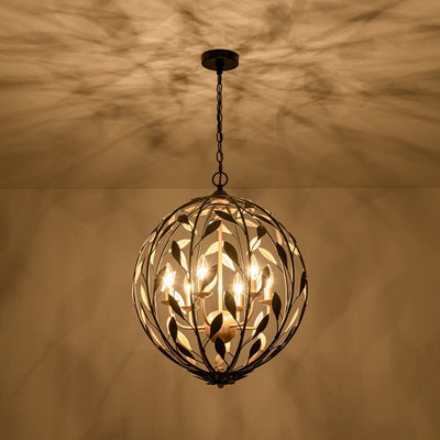 Modern 6-Light Metal Leaves Sphere Chandelier - Black Gold Orb