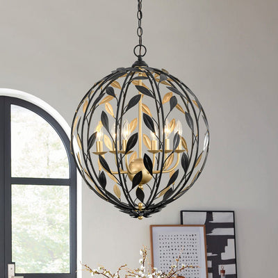 Modern 6-Light Metal Leaves Sphere Chandelier - Black Gold Orb