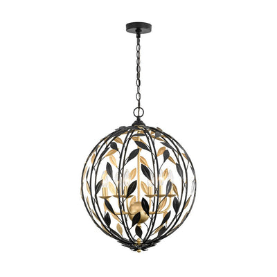 Modern 6-Light Metal Leaves Sphere Chandelier - Black Gold Orb