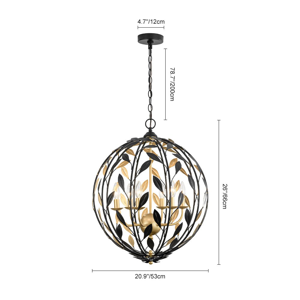 Modern 6-Light Metal Leaves Sphere Chandelier - Black Gold Orb