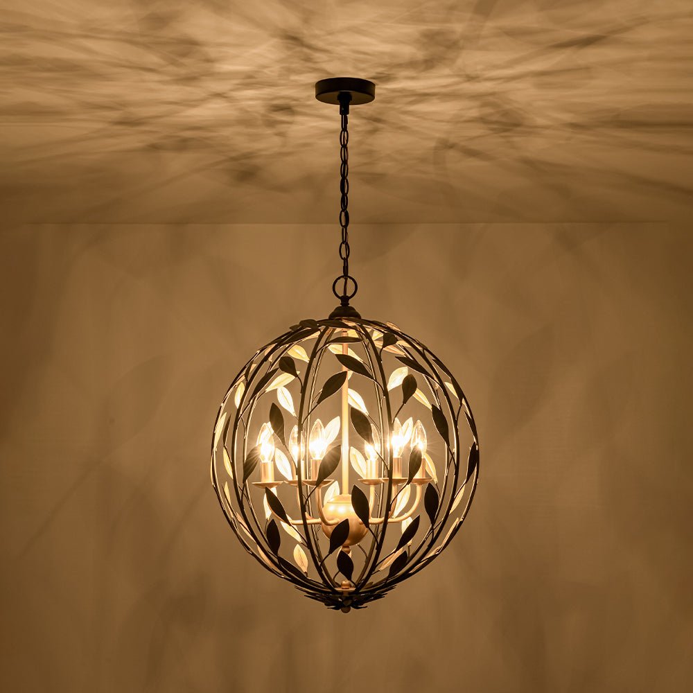 Modern 6-Light Metal Leaves Sphere Chandelier - Black Gold Orb