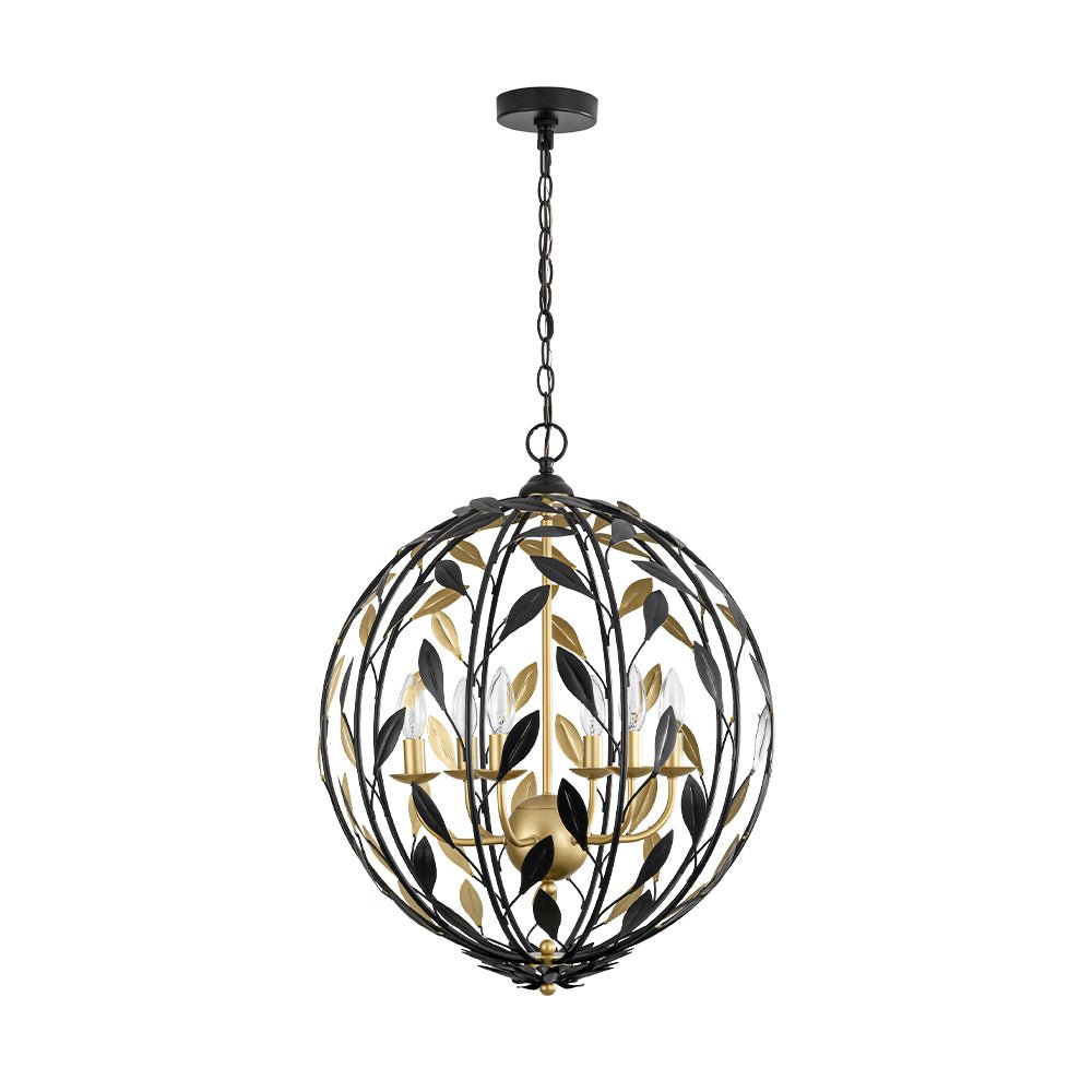 Modern 6-Light Metal Leaves Sphere Chandelier - Black Gold Orb