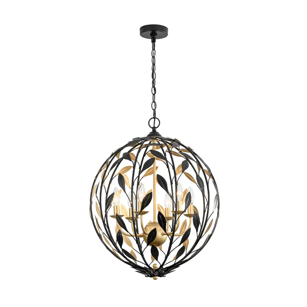 Modern 6-Light Metal Leaves Sphere Chandelier - Black Gold Orb