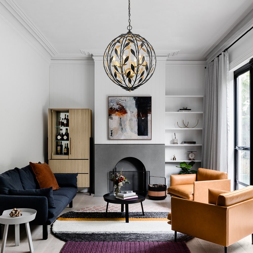 Modern 6-Light Metal Leaves Sphere Chandelier - Black Gold Orb