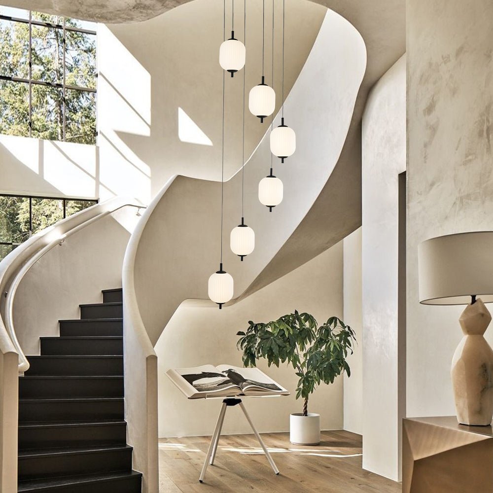 Modern 6-Light Ribbed Lantern LED Pendant for Staircase, Dimmable, Matte Black