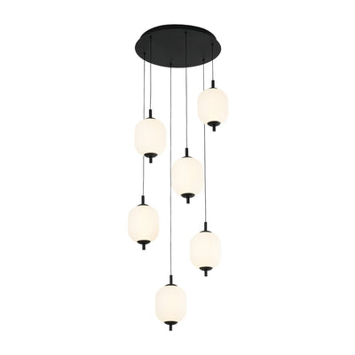 Modern 6-Light Ribbed Lantern LED Pendant for Staircase, Dimmable, Matte Black