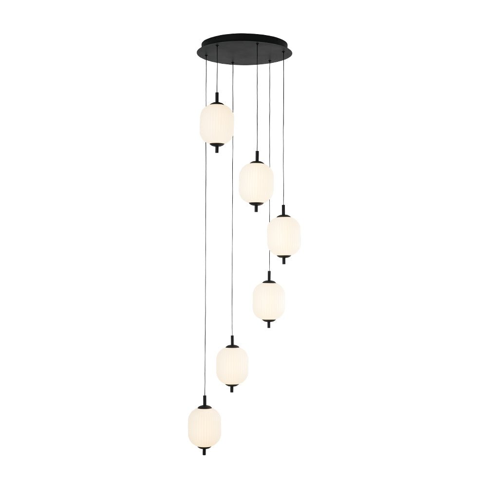 Modern 6-Light Ribbed Lantern LED Pendant for Staircase, Dimmable, Matte Black