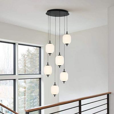 Modern 6-Light Ribbed Lantern LED Pendant for Staircase, Dimmable, Matte Black