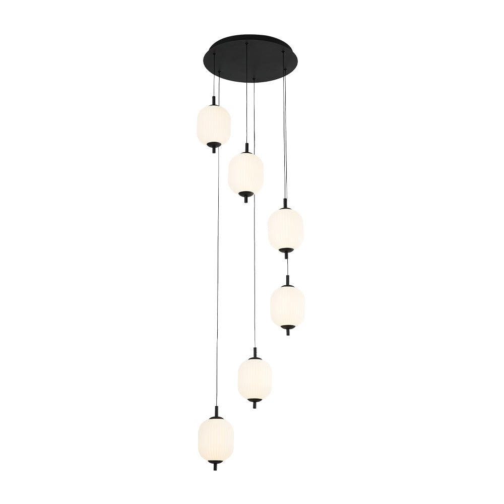 Modern 6-Light Ribbed Lantern LED Pendant for Staircase, Dimmable, Matte Black