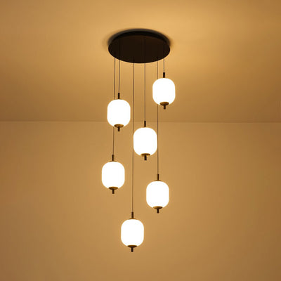 Modern 6-Light Ribbed Lantern LED Pendant for Staircase, Dimmable, Matte Black