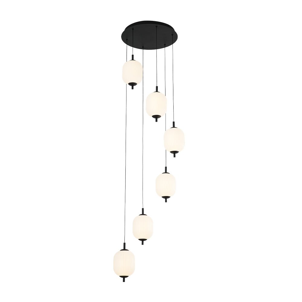 Modern 6-Light Ribbed Lantern LED Pendant for Staircase, Dimmable, Matte Black