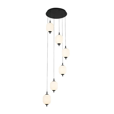 Modern 6-Light Ribbed Lantern LED Pendant for Staircase, Dimmable, Matte Black