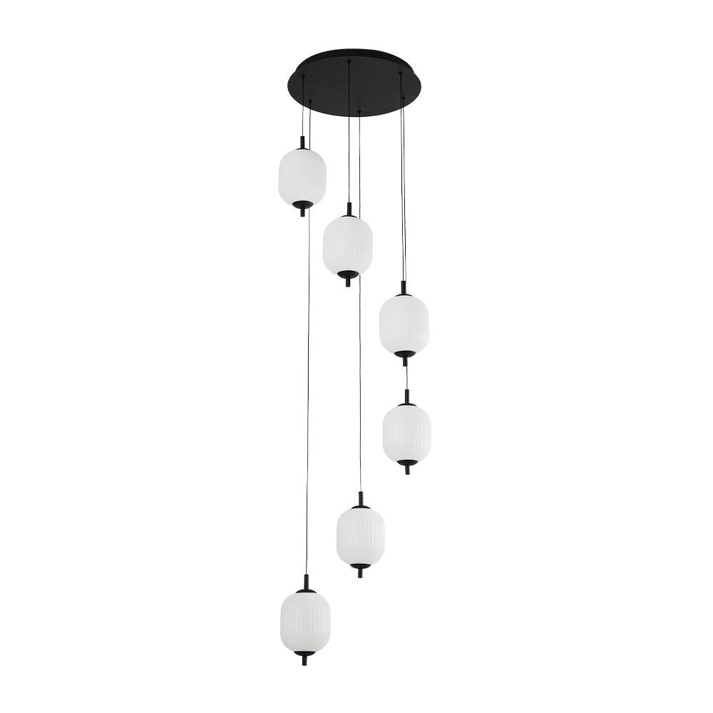 Modern 6-Light Ribbed Lantern LED Pendant for Staircase, Dimmable, Matte Black