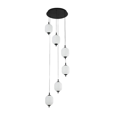 Modern 6-Light Ribbed Lantern LED Pendant for Staircase, Dimmable, Matte Black