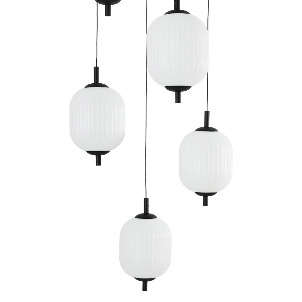 Modern 6-Light Ribbed Lantern LED Pendant for Staircase, Dimmable, Matte Black