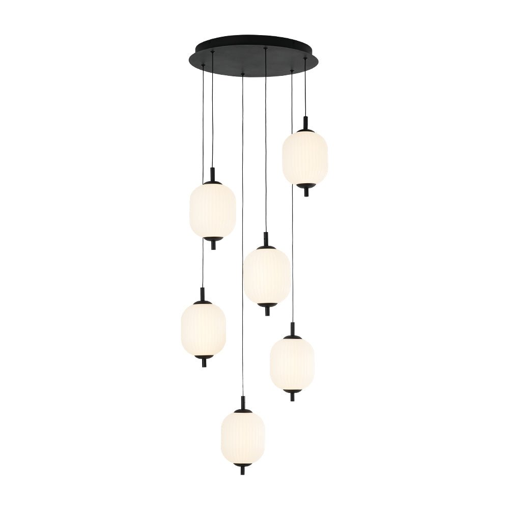 Modern 6-Light Ribbed Lantern LED Pendant for Staircase, Dimmable, Matte Black