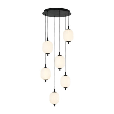 Modern 6-Light Ribbed Lantern LED Pendant for Staircase, Dimmable, Matte Black