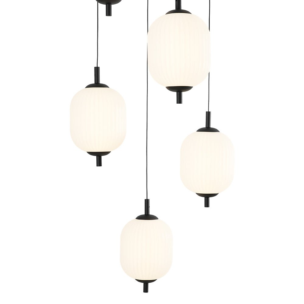 Modern 6-Light Ribbed Lantern LED Pendant for Staircase, Dimmable, Matte Black