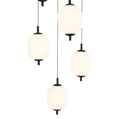 Modern 6-Light Ribbed Lantern LED Pendant for Staircase, Dimmable, Matte Black
