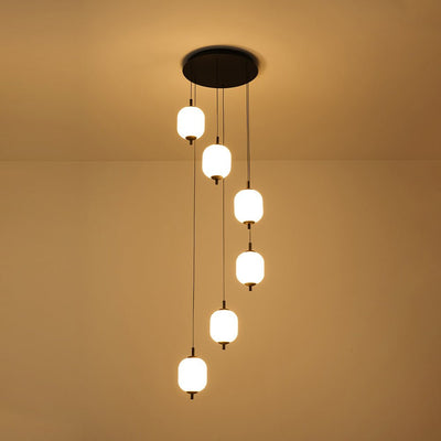 Modern 6-Light Ribbed Lantern LED Pendant for Staircase, Dimmable, Matte Black