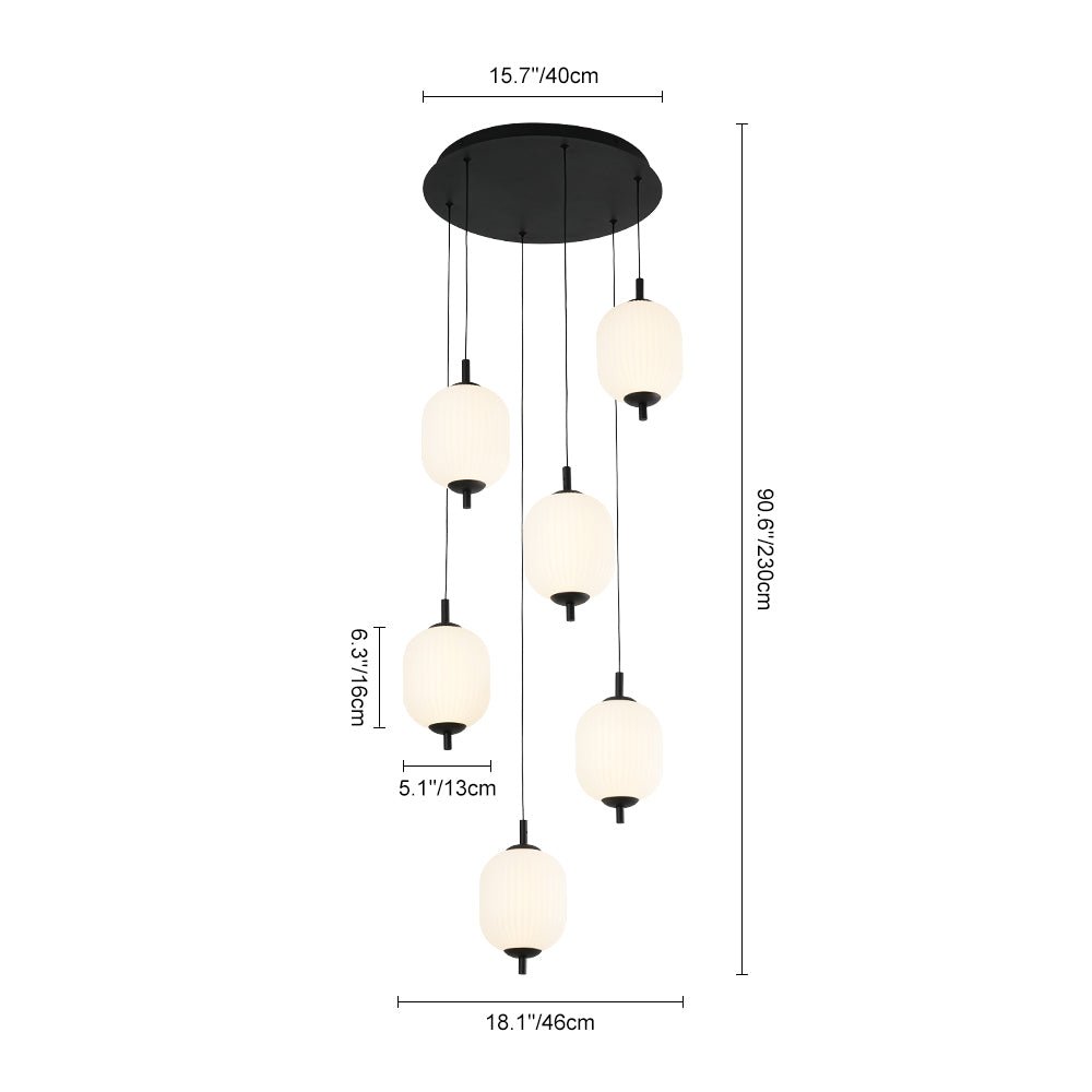 Modern 6-Light Ribbed Lantern LED Pendant for Staircase, Dimmable, Matte Black