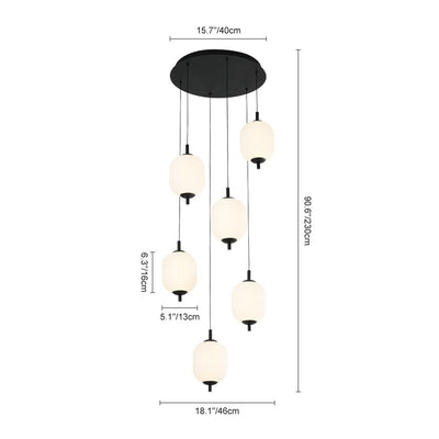 Modern 6-Light Ribbed Lantern LED Pendant for Staircase, Dimmable, Matte Black