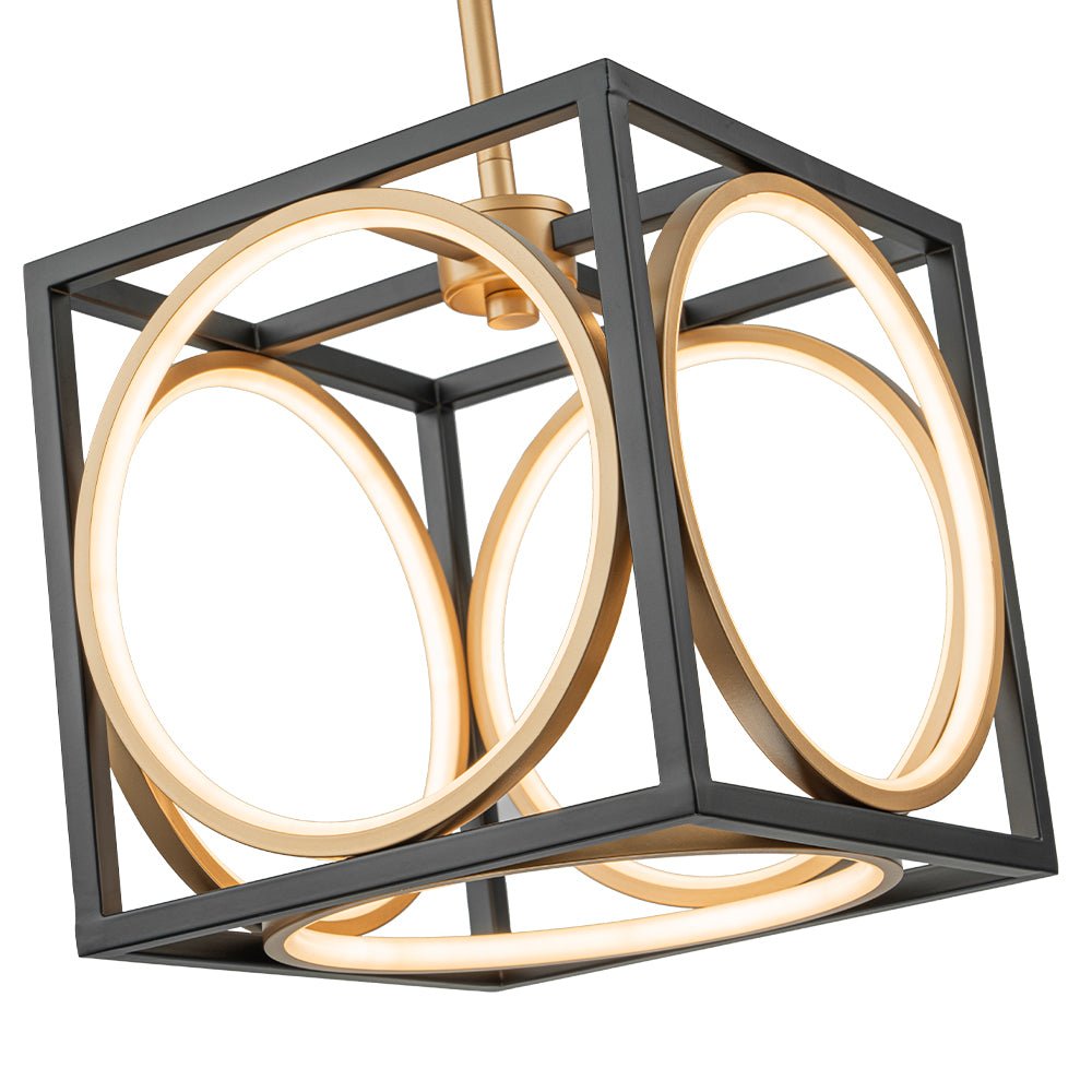 Modern Black Gold Square Dimmable LED Pendant Light Fixture, Adjustable Rods, Integrated