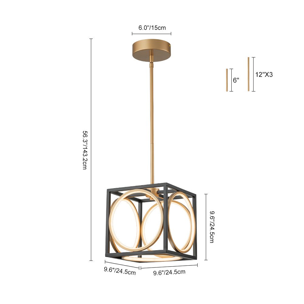 Modern Black Gold Square Dimmable LED Pendant Light Fixture, Adjustable Rods, Integrated